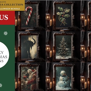 May include: A collage of 10 spooky Christmas illustrations in ornate frames. The illustrations include a candy cane, holly, a raven, a Christmas tree, a stocking, a devil, Santa Claus, a snowman, a deer, and a fireplace. The text "Bonus +20 Spooky Christmas Designs" is in a circle on a green background.