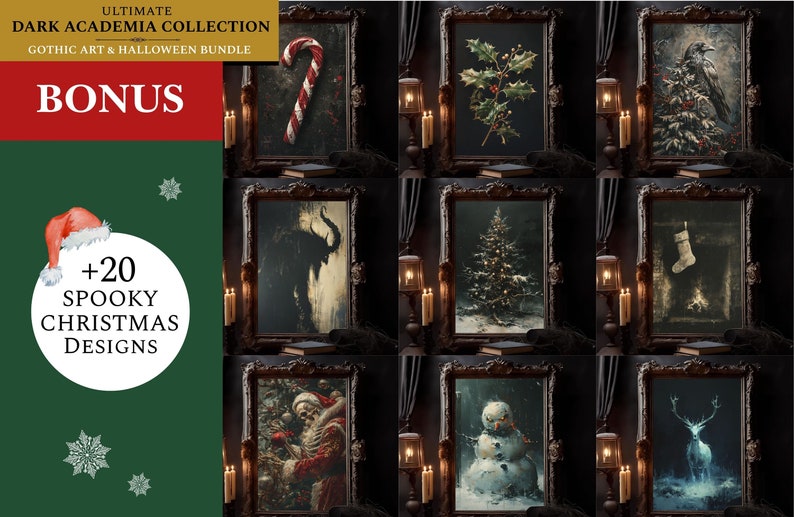 May include: A collage of 10 spooky Christmas illustrations in ornate frames. The illustrations include a candy cane, holly, a raven, a Christmas tree, a stocking, a devil, Santa Claus, a snowman, a deer, and a fireplace. The text "Bonus +20 Spooky Christmas Designs" is in a circle on a green background.