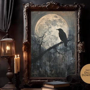 May include: A framed digital art print depicting a black crow perched on a branch against a backdrop of a full moon and a dark, moody forest. The print is in a dark wood frame with ornate details.
