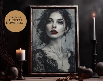 May include: A framed digital painting of a woman with dark hair and red lips. She is wearing a black lace dress and a silver necklace. The painting is set against a dark background with candles and apples.