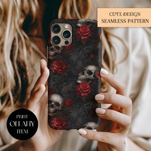 Dark Gothic Skulls With Red Roses Seamless Pattern For Halloween Digital Paper And Digital Dark Floral Seamless File - Commercial Use image 3