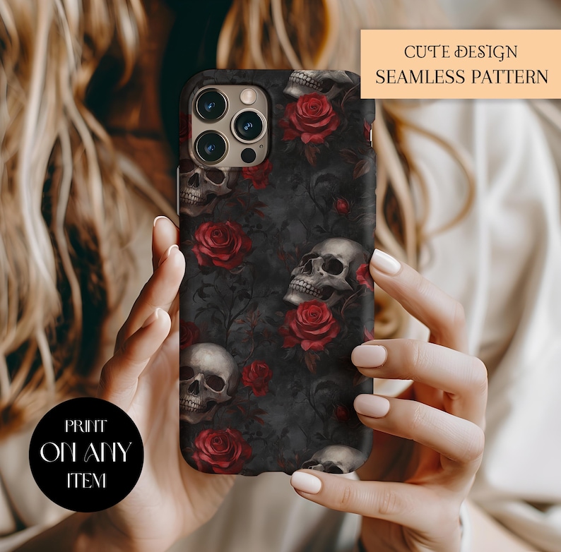 Dark Gothic Skulls With Red Roses Seamless Pattern For Halloween Digital Paper And Digital Dark Floral Seamless File - Commercial Use image 3