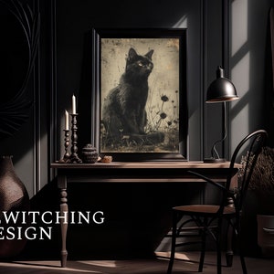 Fall Pastel Black Cat Painting Fall Wall Art Rustic Home Decor Black Cat Cat Lover Gift Cat Decor Vintage Halloween | Dark Art image 3