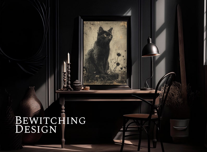 Fall Pastel Black Cat Painting Fall Wall Art Rustic Home Decor Black Cat Cat Lover Gift Cat Decor Vintage Halloween | Dark Art image 3