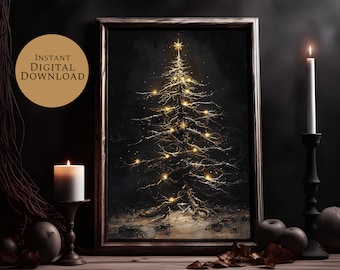 May include: A framed print of a dark, stylised Christmas tree with white branches and golden lights. The tree is set against a black background and has a star on top. The print is framed in a dark wood frame.