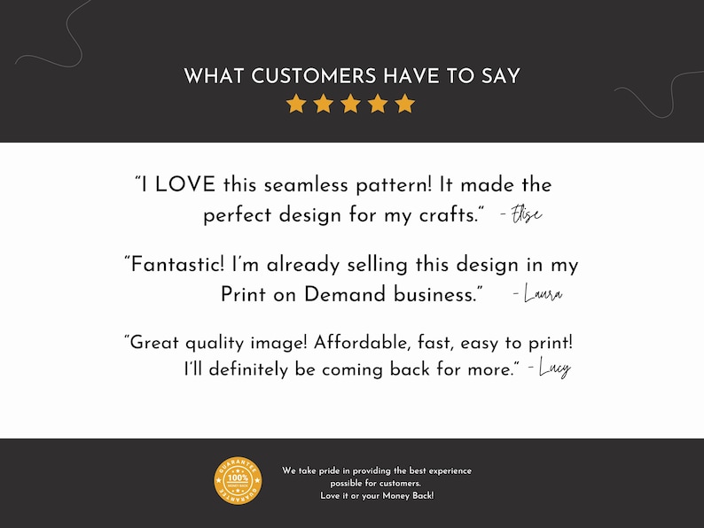 May include: A graphic with customer testimonials. The top section has the text "WHAT CUSTOMERS HAVE TO SAY" above five gold stars. Below are three customer quotes about a seamless pattern, praising its quality and ease of use.