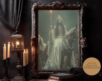 May include: A woman in a white gown and crown rides a horse in a foggy forest. The image is framed in a dark wood frame and set against a dark background.
