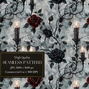Könnte beinhalten: Ein nahtloses Muster mit schwarzen Rosen, roten Rosen und schwarzen Kerzenständern mit tropfendem Wachs auf grauem Hintergrund. Das Muster ist perfekt für Projekte mit gotischem oder Halloween-Thema.