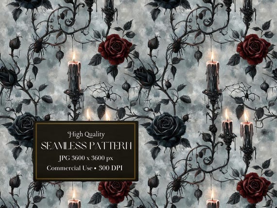 Dark Gothic Seamless Pattern With Victorian Candles And Roses For Halloween Seamless Pattern Pattern File Digital Wallpaper - Commercial Use