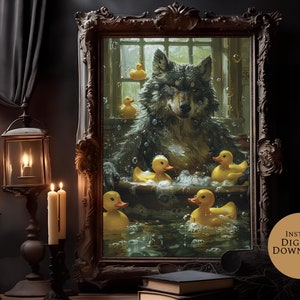 May include: A framed painting of a wolf taking a bath with yellow rubber duckies. The wolf is sitting in a tub of water with bubbles and is surrounded by duckies. The painting is set in a dark room with candles and a lantern.