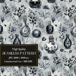 Peut inclure: Un motif sans couture composé d'illustrations aquarelle en noir et blanc de bouteilles, de plantes et d'orbes. Les bouteilles ont un style d'apothicaire vintage et sont remplies d'un liquide sombre. Les plantes sont stylisées et ont un aspect fantaisiste. Les orbes sont ronds et ont une lueur douce et éthérée.