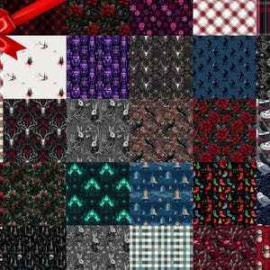 May include: A collage of various fabric patterns, including plaid, floral, and holiday-themed designs. The patterns feature a range of colors, such as red, green, black, and white. Some designs include deer antlers, snowmen, and skulls. A red ribbon is in the upper left corner.