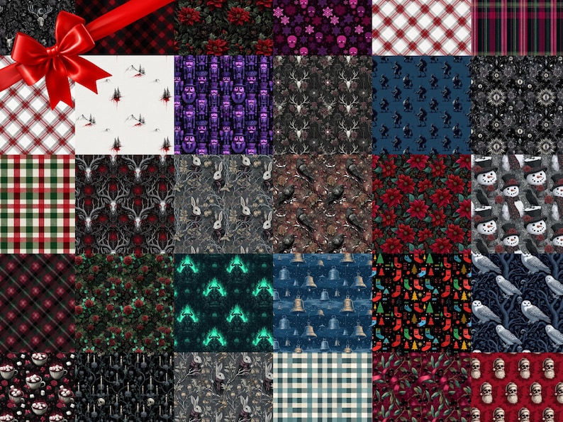 May include: A collage of various fabric patterns, including plaid, floral, and holiday-themed designs. The patterns feature a range of colors, such as red, green, black, and white. Some designs include deer antlers, snowmen, and skulls. A red ribbon is in the upper left corner.