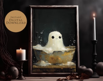 May include: A digital painting of a white ghost taking a bath in a yellow tub with bubbles. The ghost has a happy expression and is surrounded by bubbles. The painting is framed in a dark wood frame.