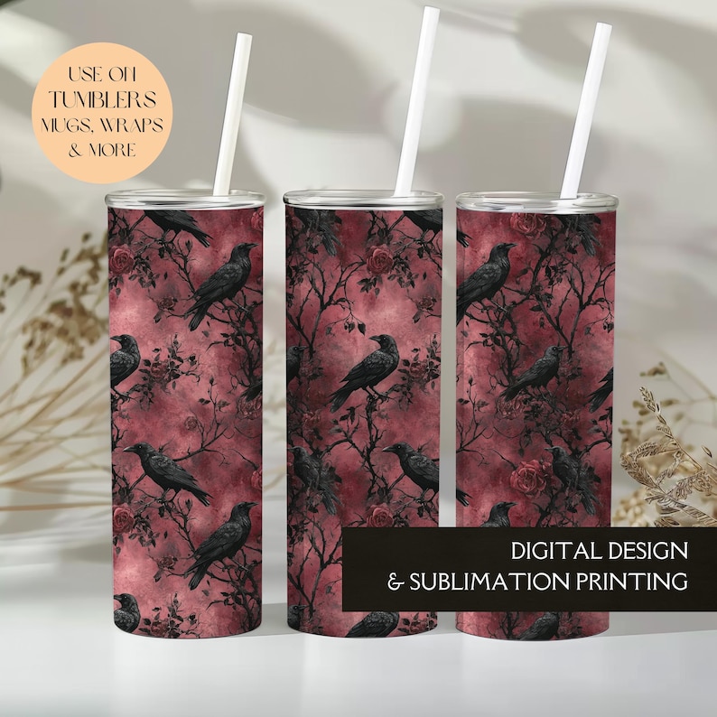 Motivo senza cuciture Dark Gothic Raven con fiori scuri e autunno vintage, motivo digitale autunnale vintage di Halloween - Uso commerciale immagine 5