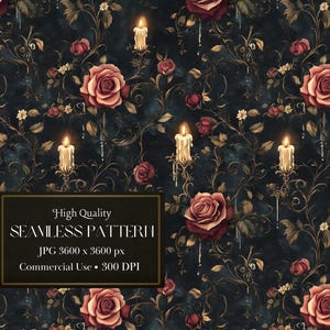 May include: A seamless pattern featuring dark blue and gold vines with red roses and white candles. The text "High Quality Seamless Pattern" is in a black rectangle with white text. The text "JPG 3600 x 3600 px" is in a white rectangle with black text. The text "Commercial Use - 300 DPI" is in a white rectangle with black text.
