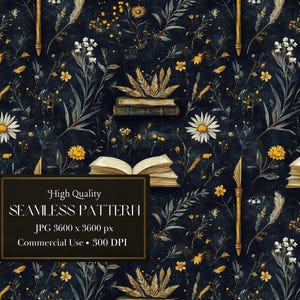 Puede incluir: Un patrón sin costuras con un fondo azul oscuro con elementos florales dorados y blancos, libros abiertos y plumas. El texto "High Quality Seamless Pattern" se muestra en un rectángulo blanco.