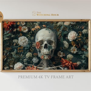 May include: A framed print of a skull surrounded by flowers. The skull is painted with a floral design and is surrounded by a variety of flowers, including roses, lilies, and daisies. The print is framed in a gold frame and has the text "The Witching Hour" in the top right corner.