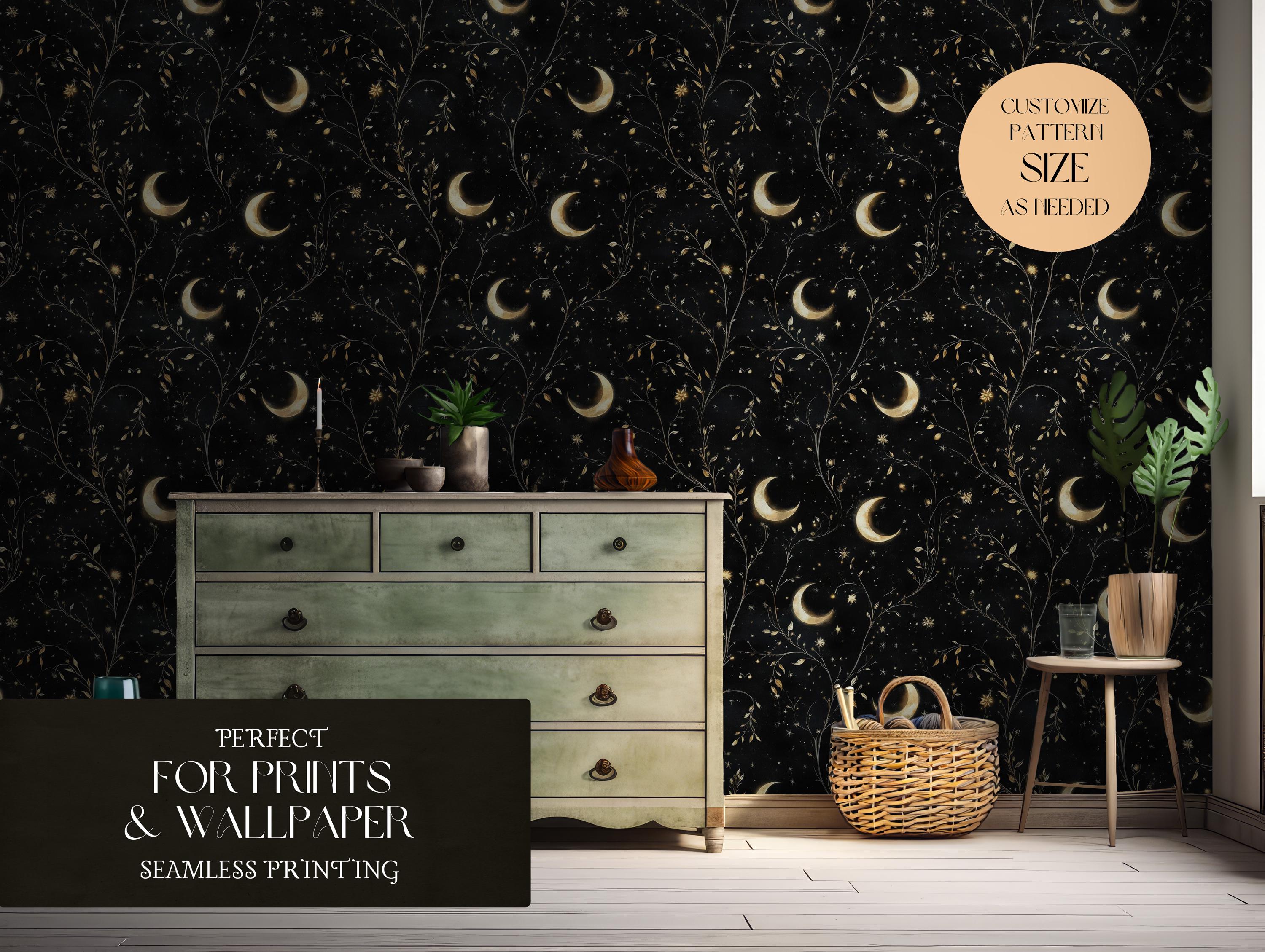 Celestial Seamless Dark Seamless Pattern Botanical Moon Witch Witchy ...