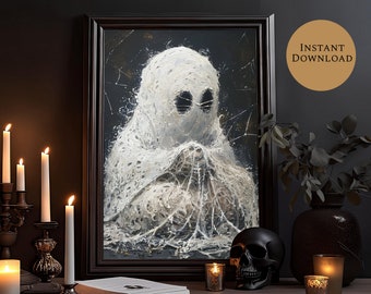 Ghost Tangled In Spiderweb Halloween Ghost Print Autumn Decor Vintage | Poster Pumpkin | Wall Art Digital Art Prints Cottagecore Decor