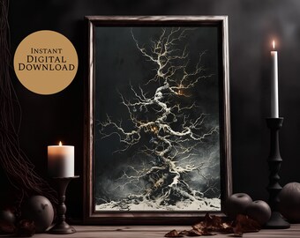 May include: A framed art print depicting a stylized tree with detailed, branching patterns in gold and white against a dark, atmospheric backdrop. The words "INSTANT DIGITAL DOWNLOAD" are in a gold circle. Candles and decorative elements complete the scene.