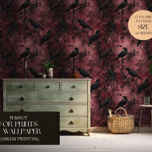 Motivo senza cuciture Dark Gothic Raven con fiori scuri e autunno vintage, motivo digitale autunnale vintage di Halloween - Uso commerciale immagine 4