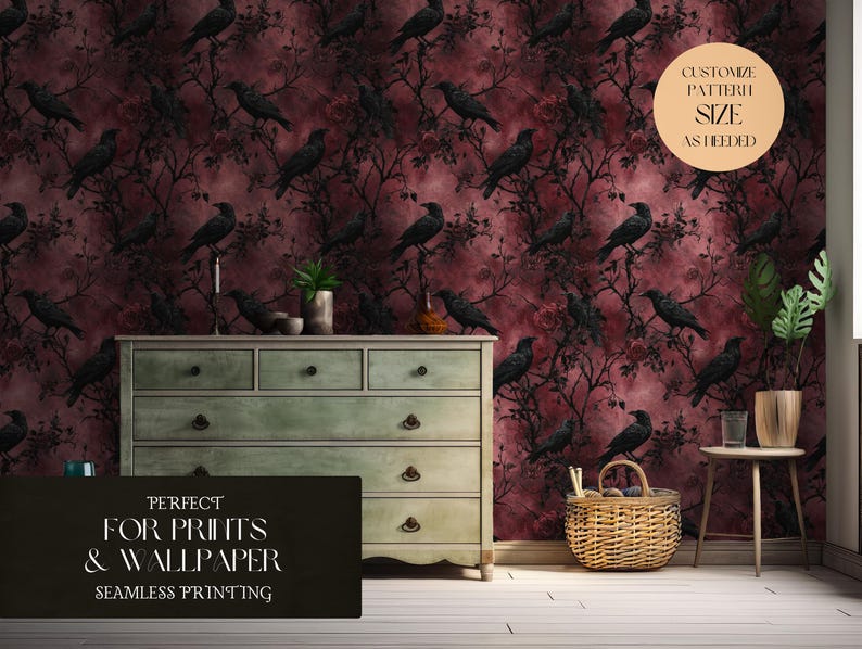 Motivo senza cuciture Dark Gothic Raven con fiori scuri e autunno vintage, motivo digitale autunnale vintage di Halloween - Uso commerciale immagine 4