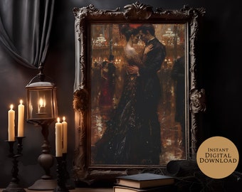 May include: A framed oil painting depicting a couple dancing in a ballroom. The woman is wearing a black dress with a sequined bodice and the man is wearing a black suit. The painting is set against a backdrop of a bustling ballroom with people dancing and talking. The painting is framed in a dark wood frame with ornate details.