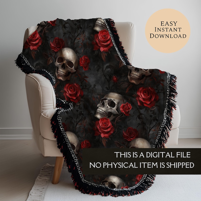 Dark Gothic Skulls With Red Roses Seamless Pattern For Halloween Digital Paper And Digital Dark Floral Seamless File - Commercial Use image 6