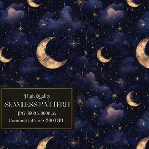 May include: A seamless pattern featuring gold crescent moons and stars on a dark blue background with watercolour clouds. The pattern is perfect for creating digital or printed designs.