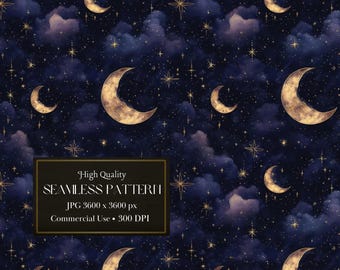 May include: A seamless pattern featuring gold crescent moons and stars on a dark blue background with watercolor clouds. The pattern is perfect for creating digital or printed designs.
