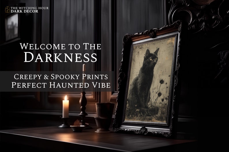 Fall Pastel Black Cat Painting Fall Wall Art Rustic Home Decor Black Cat Cat Lover Gift Cat Decor Vintage Halloween | Dark Art image 2