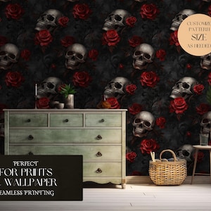 Dark Gothic Skulls With Red Roses Seamless Pattern For Halloween Digital Paper And Digital Dark Floral Seamless File - Commercial Use image 4