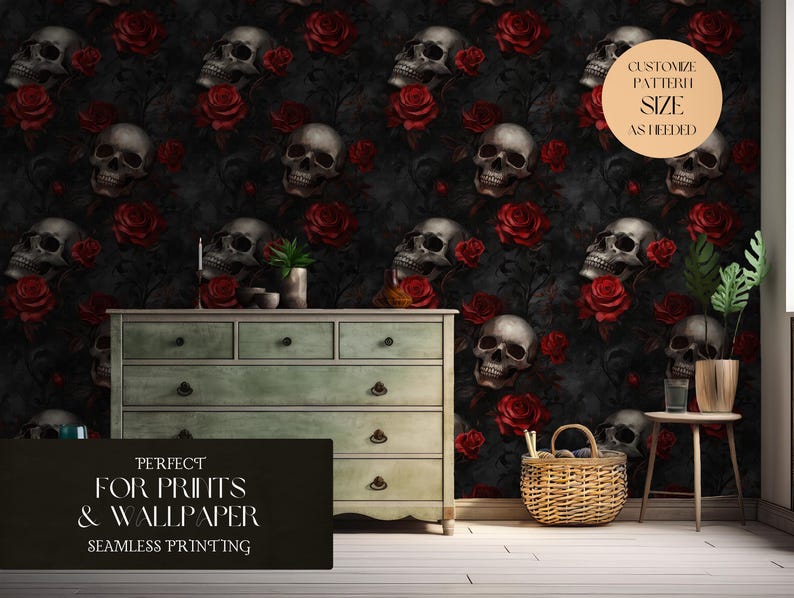 Dark Gothic Skulls With Red Roses Seamless Pattern For Halloween Digital Paper And Digital Dark Floral Seamless File - Commercial Use image 4