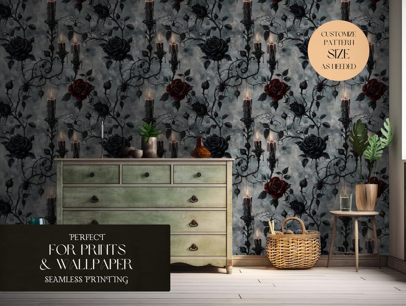 Dark Gothic Seamless Pattern With Victorian Candles And Roses For Halloween Seamless Pattern Pattern File Digital Wallpaper - Commercial Use image 8
