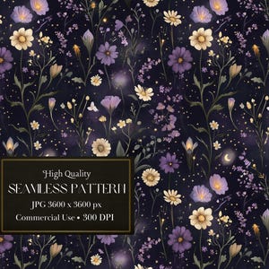 Op de afbeelding: Een naadloos patroon met een donkere achtergrond met paarse en witte bloemen, kleine witte sterren en een paar gele vuurvliegjes. De tekst "High Quality Seamless Pattern" staat in een witte rechthoek met een zwarte rand.