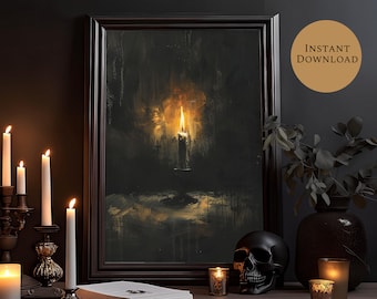 May include: A framed painting of a single candle burning in a dark, mysterious setting. The candle is the only source of light, casting a warm glow on the surrounding darkness. The painting is set against a dark background with a skull and candles in the foreground.