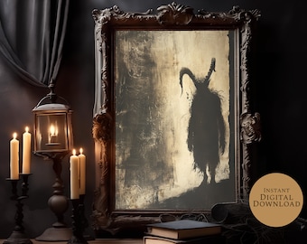 May include: A digital print of a dark, shadowy figure with horns standing in a doorway. The print is framed in a dark wood frame and is displayed on a table with candles and books. The text "INSTANT DIGITAL DOWNLOAD" is visible in the lower right corner of the image.