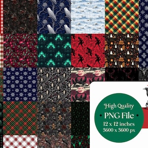 May include: A collection of digital patterns in various designs, including plaid, floral, and snowflake motifs. The patterns feature a range of colors, such as red, green, and blue. The image also includes a raven wearing a Santa hat, and the text "High Quality PNG File 12 x 12 inches 3600 x 3600 px 300 DPI".