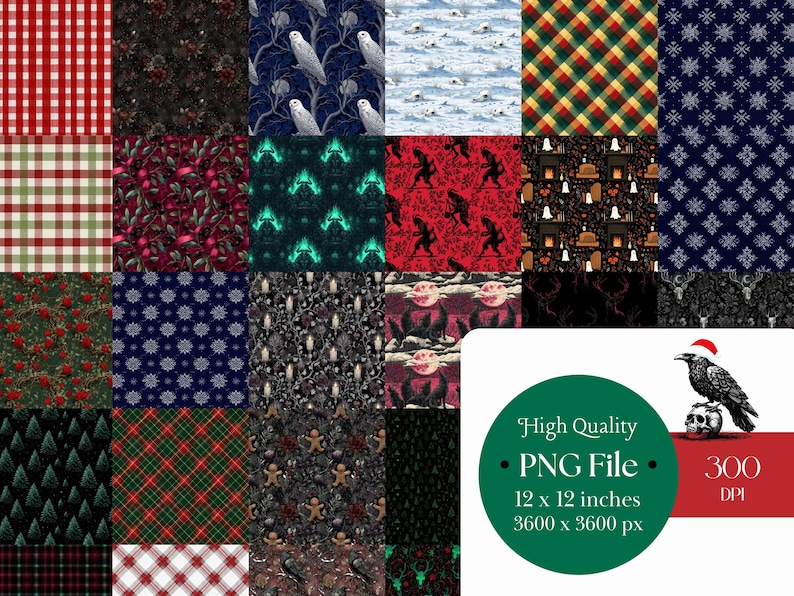 May include: A collection of digital patterns in various designs, including plaid, floral, and snowflake motifs. The patterns feature a range of colors, such as red, green, and blue. The image also includes a raven wearing a Santa hat, and the text "High Quality PNG File 12 x 12 inches 3600 x 3600 px 300 DPI".