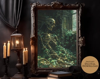 May include: A digital art print of a skeletal figure sitting in a overgrown, abandoned building. The skeleton is made of gold and is surrounded by lush green foliage. The print is framed in a dark wood frame.