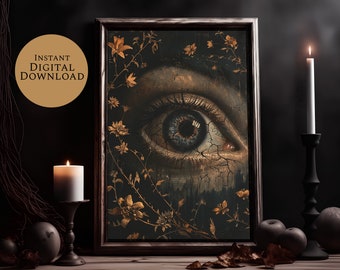 May include: A framed digital art print of a large, detailed eye with cracked skin and a blue iris. The eye is surrounded by gold flowers and vines on a dark background.