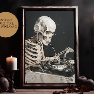 Esqueleto Dj Fiesta de Halloween Divertido / Arte de pared Temporada espeluznante Oscuro / Cottagecore Arte oscuro Póster Decoración Impresiones digitales Regalos de amistad