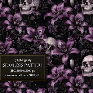 May include: A seamless pattern featuring dark purple lilies and white skulls on a black background. The pattern is high quality and perfect for commercial use.