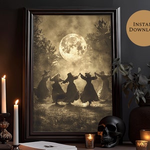 May include: A vintage-style print of five witches dancing in a circle under a full moon in a forest. The print is in sepia tones and has a dark, mysterious feel.
