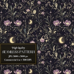 May include: A seamless pattern featuring a dark background with a repeating design of purple flowers, green leaves, and yellow crescent moons. The pattern is perfect for use in digital and print projects.