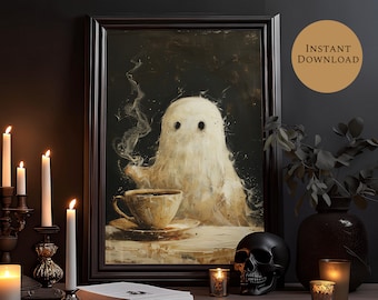 Gozy Ghost, With Coffee, Art Print, Ghost Art Cute Halloween Ghost Halloween Ghost Decor Cute Ghost Halloween Gift