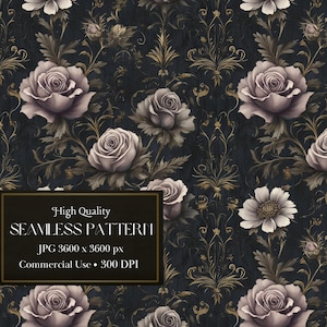 Op de afbeelding: Een naadloos patroon met delicate, lichtpaarse rozen en witte bloemen op een donkere achtergrond met gouden accenten. Het patroon is perfect om elke project een vleugje elegantie te geven.