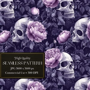 May include: A seamless pattern featuring a dark purple background with white skulls and purple roses. The skulls are surrounded by leaves and flowers. The pattern is perfect for use in a variety of projects, such as fabric, wallpaper, and wrapping paper.