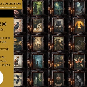May include: A digital art collection featuring over 300 gothic and dark academia designs. The designs are ready to print and include images of ravens, ghosts, cats, and other spooky elements.